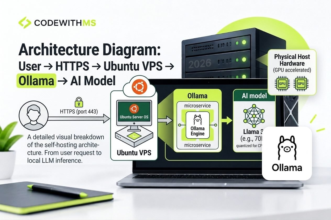 Architecture diagram showing a user connecting over HTTPS to an Ubuntu VPS, which runs Ollama as a microservice loading an AI model