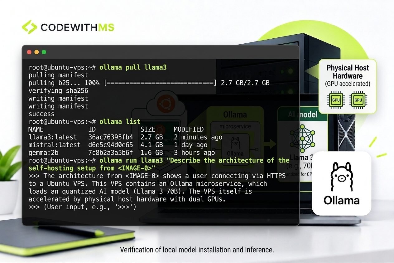 Terminal showing ollama pull llama3 downloading, ollama list showing installed models, and ollama run generating a response