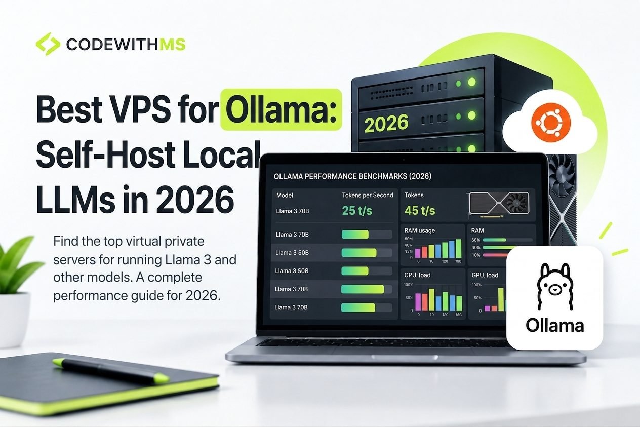 Best VPS for Ollama: Self-Host Local LLMs in 2026 — CODEWITHMS graphic showing a laptop with Ollama performance benchmarks, RAM and GPU usage charts, next to a server rack and the Ollama logo